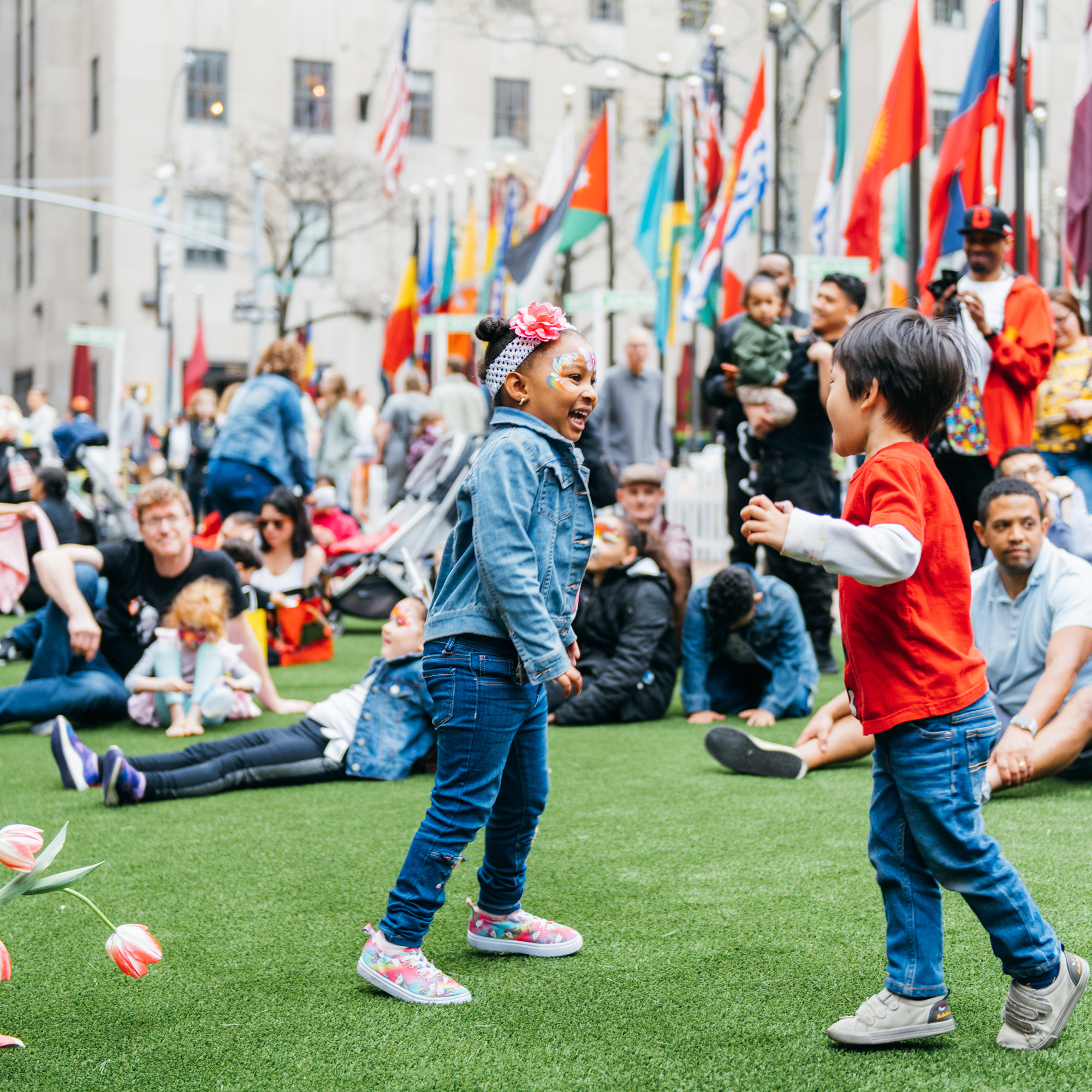 A group poses for a photo at Rockefeller Center.