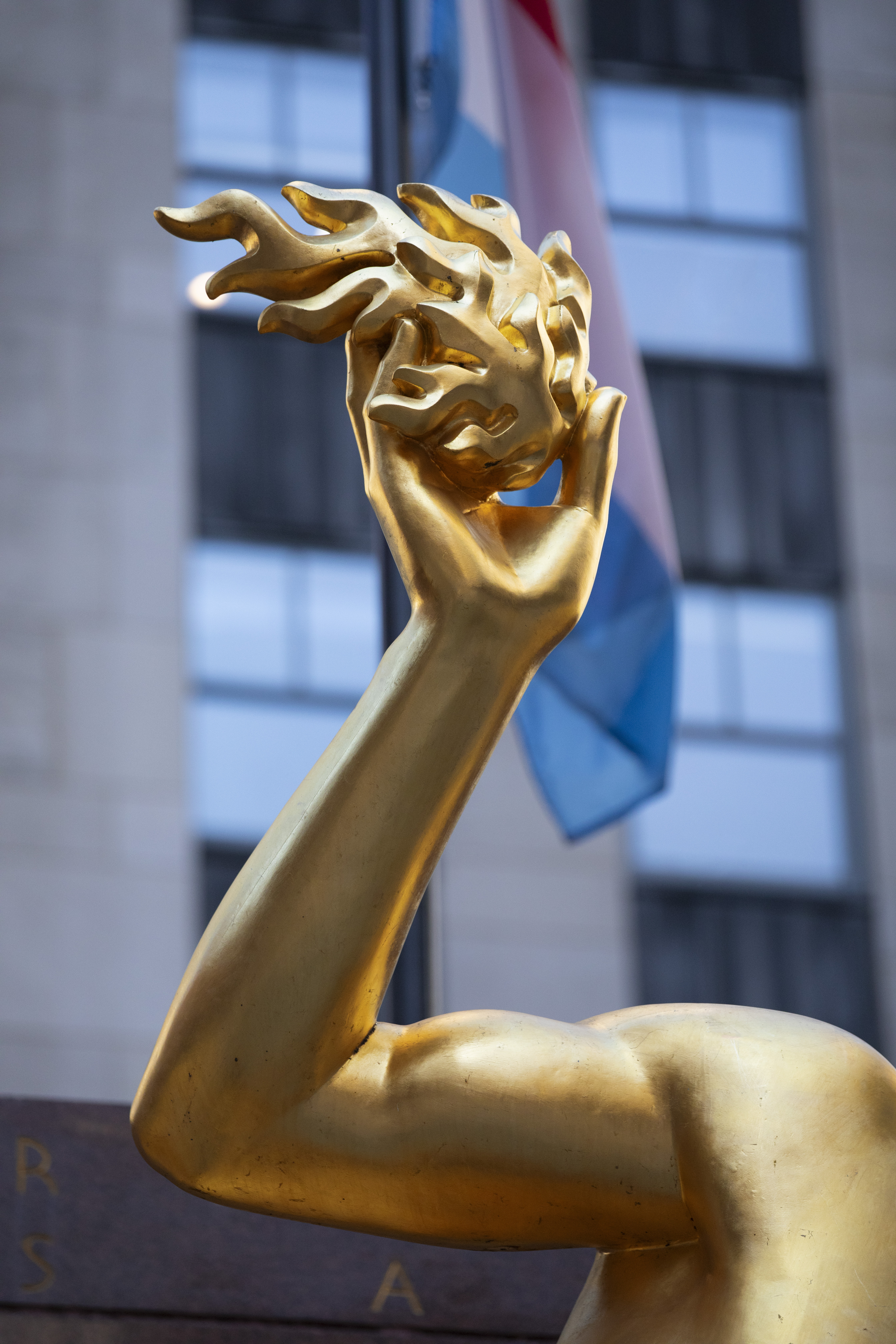 Detaol of Hildreth Meière's Dance, Drama, and Song Art Deco metal and enamel on the Radio City Music Hall facade.