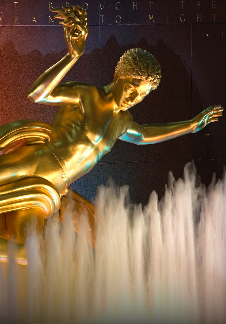 Paul Manships Prometheus statue overlooking the Rink at Rockefeller Center.