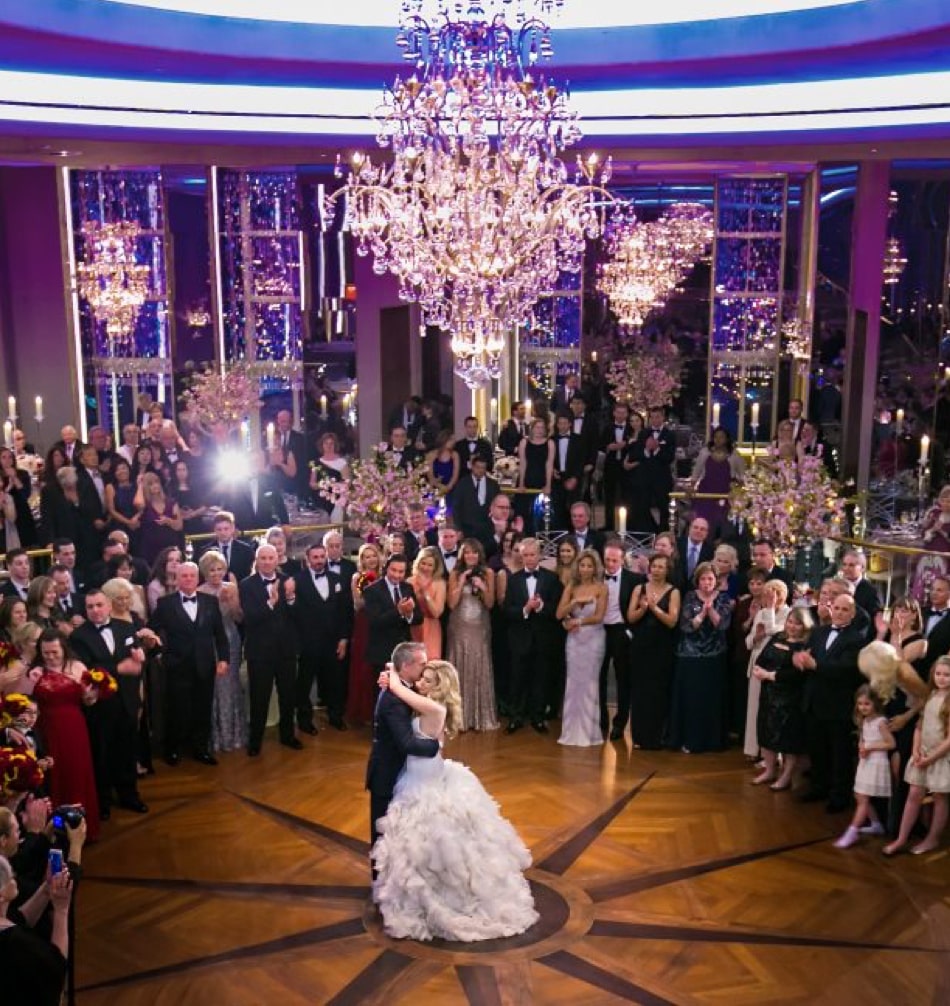 Bride and groom dancing in Rainbow Room's beautiful wedding venue.